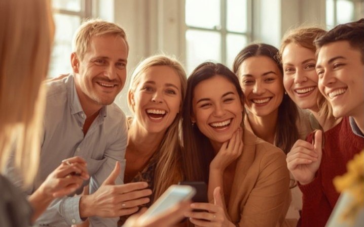 Smiling colleagues celebrating a thank-you message on a phone in a bright office