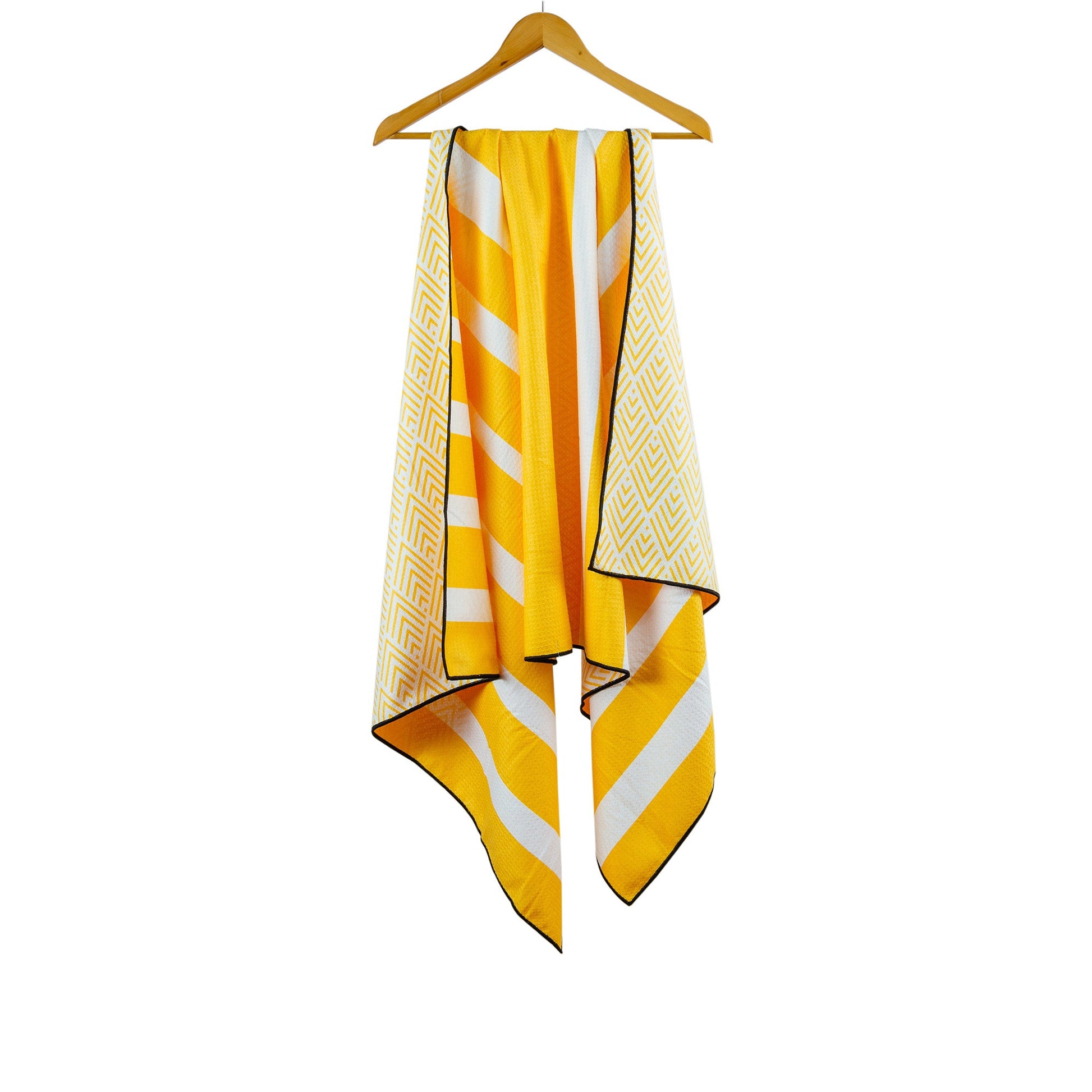 Yellow and white striped towel hanging on a coat hanger.