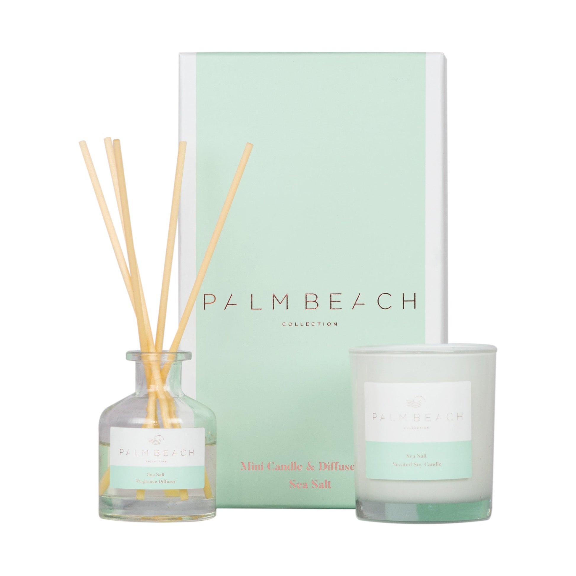 Palm Beach pale green/blue coloured box with a mini candle and diffuser. 